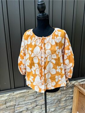 Ted Baker Orange w/ Embroidered White Floral Button-Front Peasant Blouse sz S